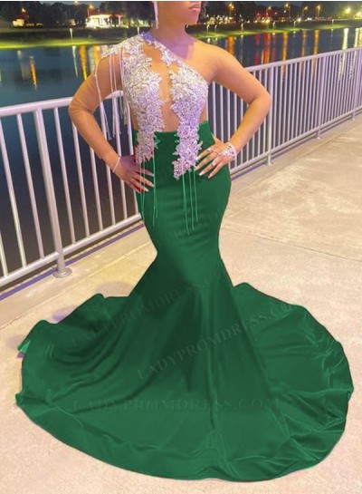 Emerald Elastic Satin One Shoulder Long Sleeve Mermaid Prom Dresses