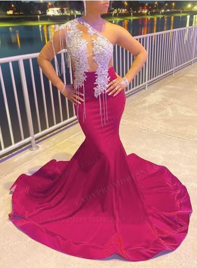 Fuchsia Elastic Satin One Shoulder Long Sleeve Mermaid Prom Dresses