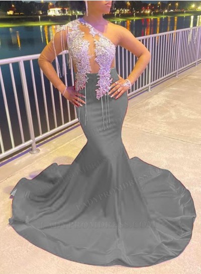 Grey Elastic Satin One Shoulder Long Sleeve Mermaid Prom Dresses