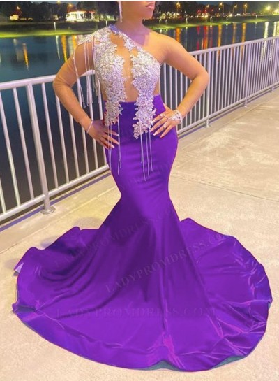Purple Elastic Satin One Shoulder Long Sleeve Mermaid Prom Dresses