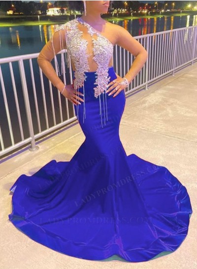 Royal Blue Elastic Satin One Shoulder Long Sleeve Mermaid Prom Dresses