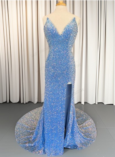 2024 Sheath Blue Sweetheart Sequence Strapless Side Slit Prom Dresses