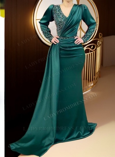 2024 Sheath Hunter Green Long Sleeves Beaded Prom Dresses With Pearls