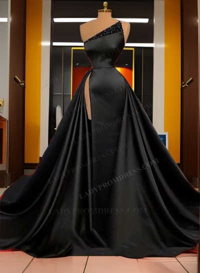 A Line Satin Side Slit Long Beaded Black Prom Dresses 2024