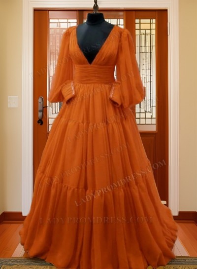 Long Sleeves A Line Coral V Neck Chiffon Pleated Prom Dresses 2024