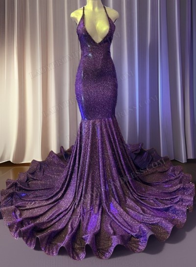 Purple Sheath Halter Corset Back Sequence Long Prom Dresses 2024
