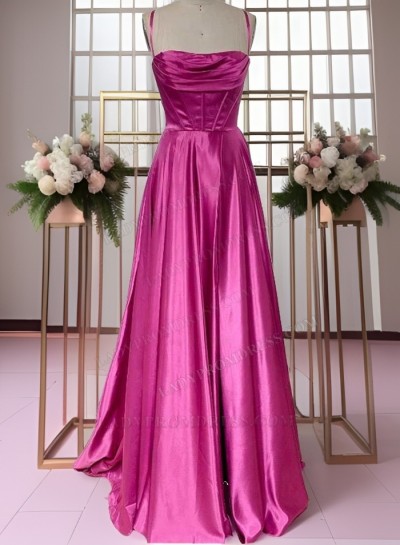 2024 A Line Fuchsia Silk Like Satin Halter Long Pleated Prom Dresses