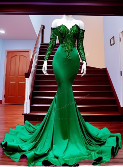2024 Mermaid Emerald Green Long Sleeves Off Shoulder Prom Dresses With Appliques