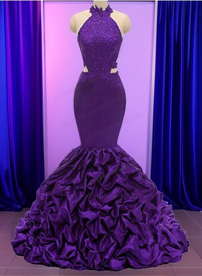 Mermaid Purple High Neck Open Back Silk Like Satin Long Prom Dresses 2024