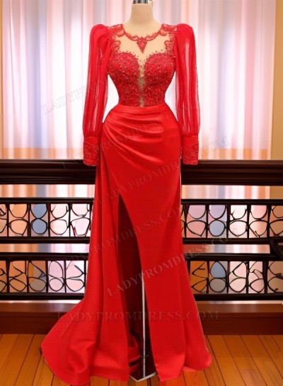 Red Long Sleeves Side Slit Scoop Satin Prom Dresses 2024 
