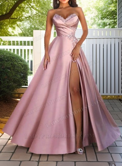 A Line Satin Pink Beaded Sweetheart Long Side Slit Prom Dresses 2024