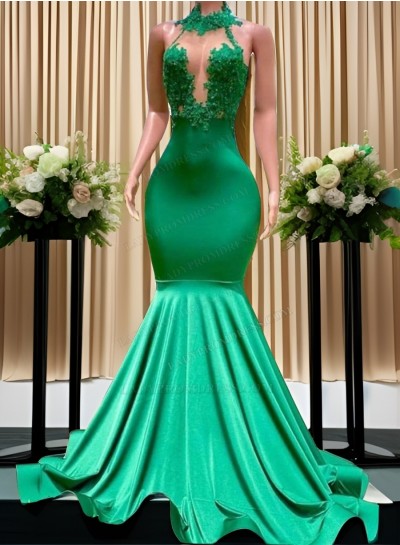 2024 Mermaid Emerlad Green Silk Like Satin Backless Long Prom Dresses With Appliques