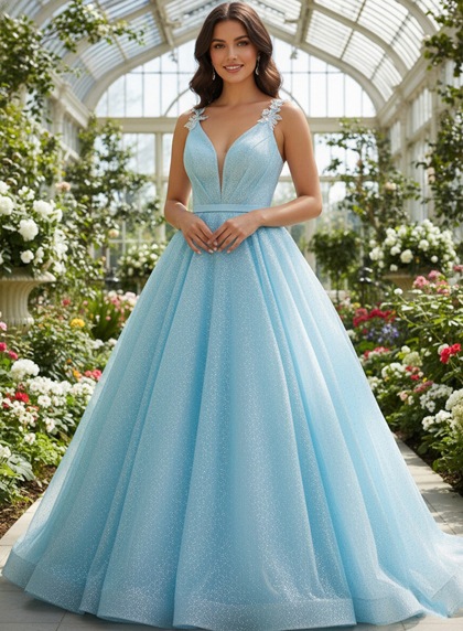 Light Blue Glitter Tulle Ball Gown Prom Dress Deep V Applique Straps