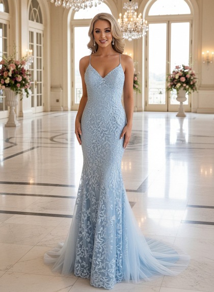 2026 Light Blue Prom Dress V Neck Spaghetti Straps Lace Up Back