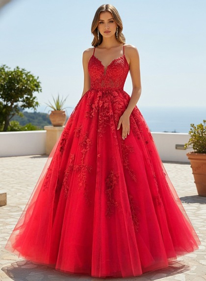Red Ball Gown V-neck Spaghetti Straps Tulle Prom Dresses with Appliques