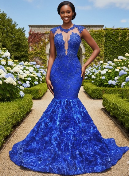 Royal Blue Lace Mermaid Prom Dress Sheer Neck Appliques Button Back Train