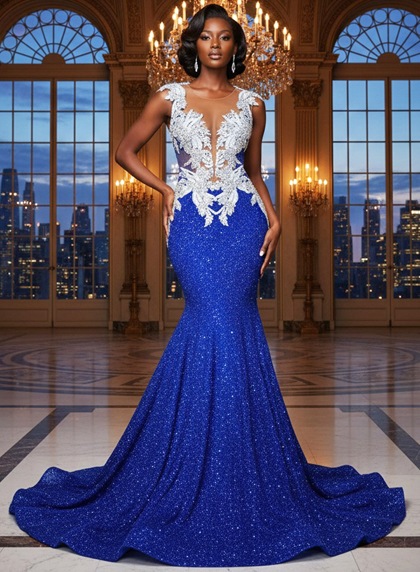 Royal Blue Sequin Sheer Neck Mermaid Dress Cap Sleeves Lace Up Back