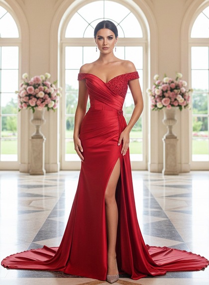 Red Satin Off-the-Shoulder Sleeveless Sheath Prom Dress Pleated Beaded Slit Train 2026