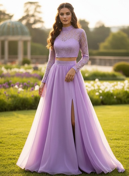 Lavender A-Line High Neck Long Sleeves Chiffon Prom Dress Lace Two-Piece Set