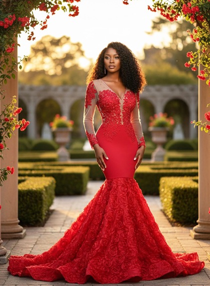 Red V neck long sleeve mermaid lace prom dress with train