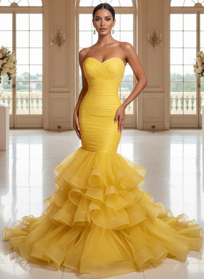Yellow Sweetheart Ruched Trumpet Prom Dress With Tulle Ruffles Floor-Length