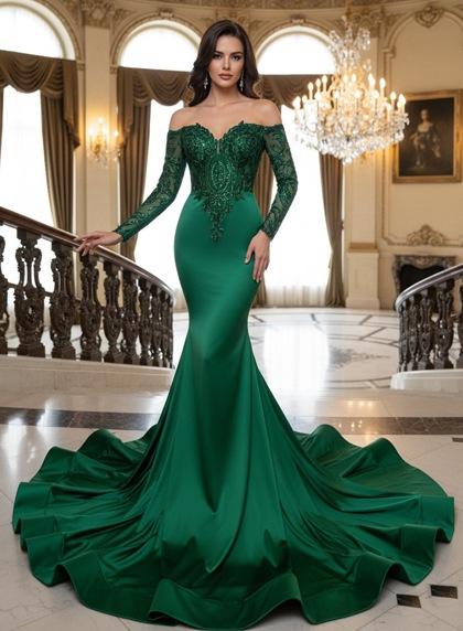 Emerald Satin Off Shoulder Lace Applique Long Sleeve Mermaid Dress Chapel Train