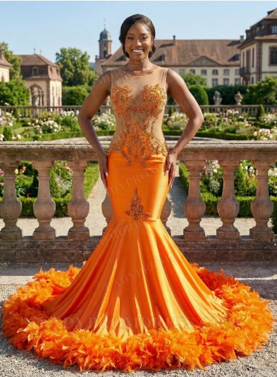 Orange Satin Prom Dress Sheer Neck Mermaid Sweep Train Feather Hem Appliques