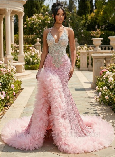Blush Pink Sequin Mermaid Prom Dress Halter Neck Feathers Backless Train Gown