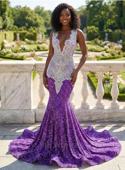 Purple Beaded Sheer Neck Prom Dress Sequin Mermaid Sweep Train Zipper Back