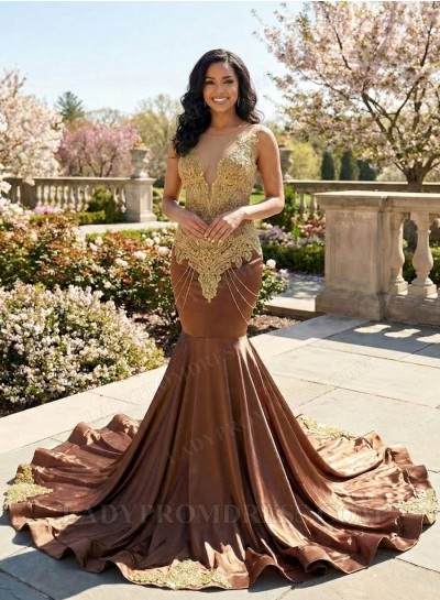 Bronze Satin Prom Dress Sheer V Neck Mermaid Gold Applique Backless Train