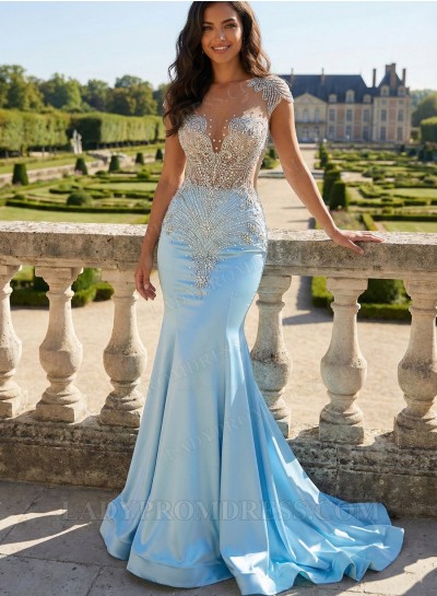 Light Blue Prom Dress Satin Mermaid Illusion Neck Beaded Bodice Sweep Train