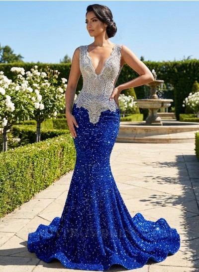 Royal Blue Prom Dress Sequin Mermaid V Neck Beaded Bodice Zipper Train
