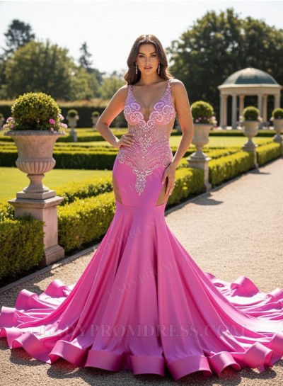 Hot Pink Satin Mermaid Prom Dress With Illusion Beaded Bodice And Train