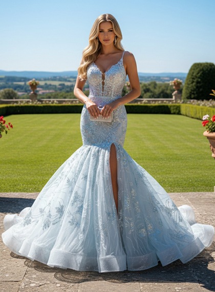 Light Blue Tulle Mermaid Prom Dress Spaghetti Straps Embroidered High Slit Zipper