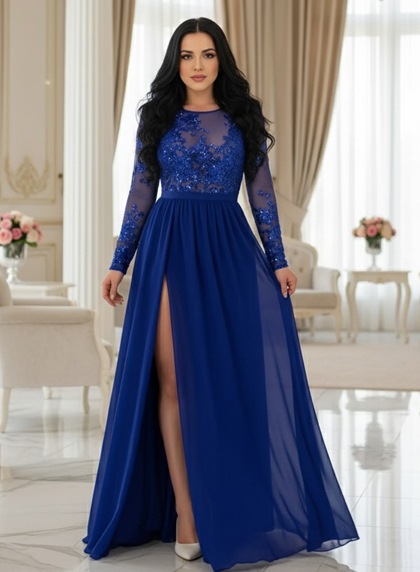 Royal Blue Chiffon Sheer Neck Long Sleeve A Line Prom Dress Slit