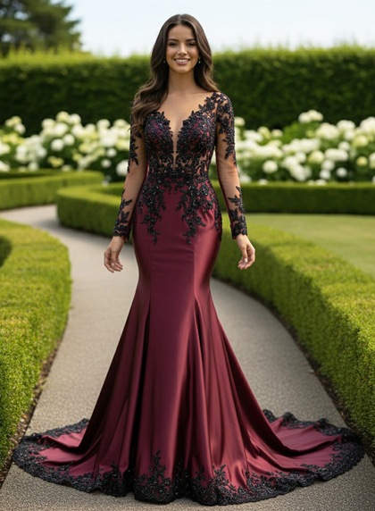 Burgundy Satin Mermaid Prom Dress With Black Lace Long Sleeves Train