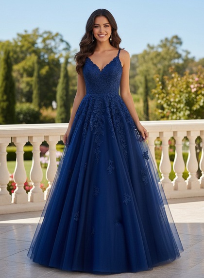 Navy Blue Tulle Lace Ball Gown V Neck Lace Up Prom Dress