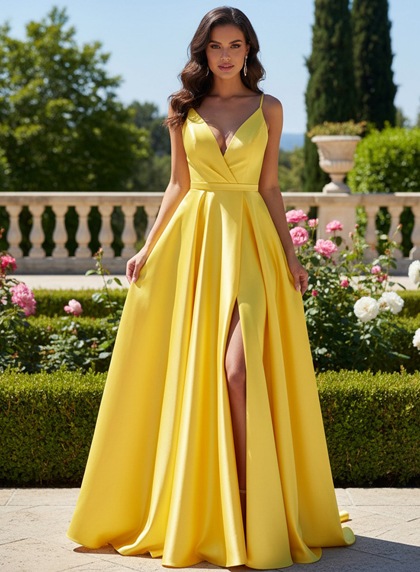 Yellow Satin A Line V Neck Spaghetti Straps Slit Pleated Prom Dress