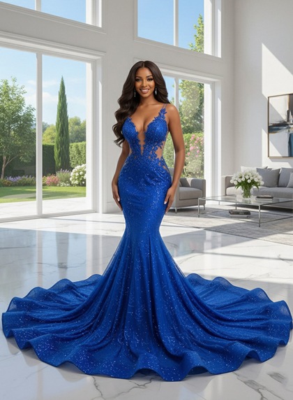 Royal Blue Sequin Mermaid Prom Dress Plunge V Neck Applique Train