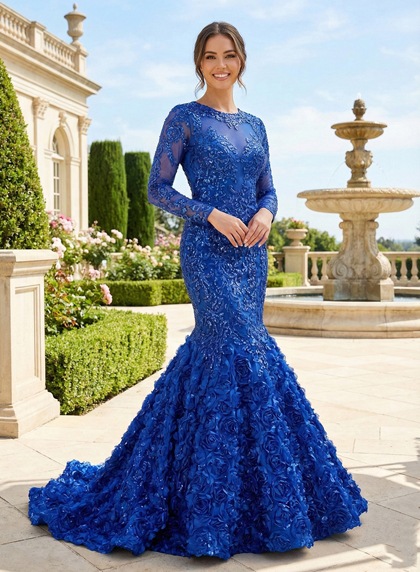 Royal Blue Lace Mermaid Prom Dress Sheer Neck 3D Rose Train Sleeves