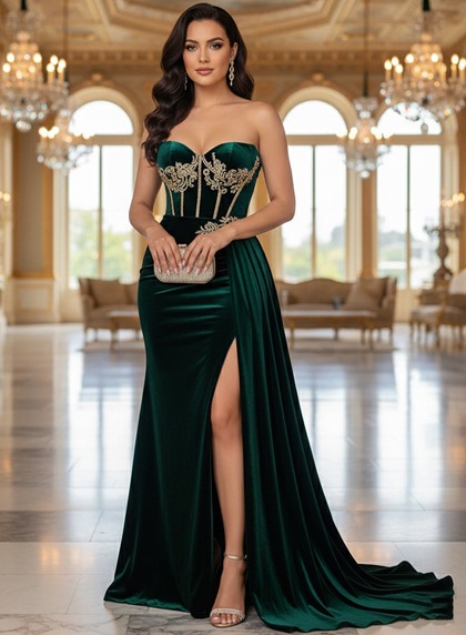 Emerald Green Velvet Strapless Prom Dress Corset Bodice Gold Embroidery Slit Train