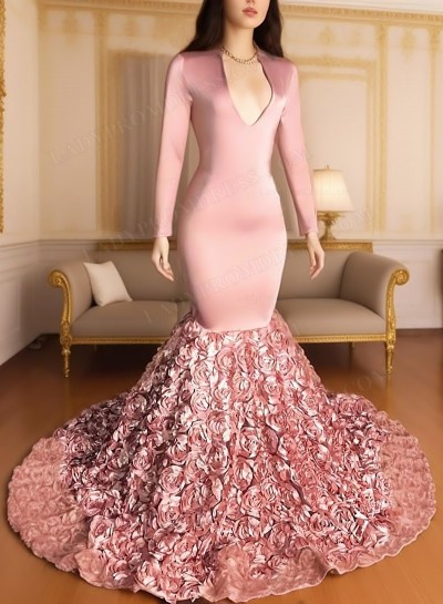 2025 Long Sleeves Pink Mermaid Prom Dresses