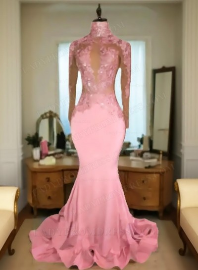 Pink Mermaid Long Sleeves Backless Elastic Satin Open Front High Neck Prom Dresses 2025 