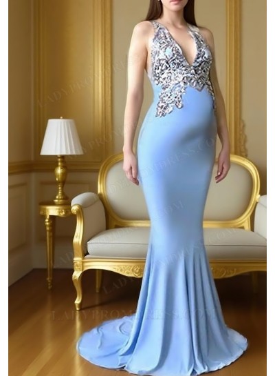 2025 Sheath Blue Halter Backless Beaded Maternity Prom Dresses
