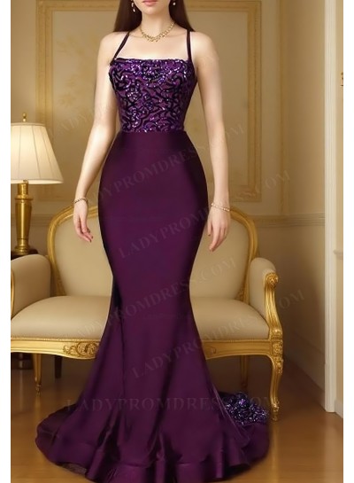 Sexy Grape Mermaid Halter Satin 2025 Lace Prom Dresses