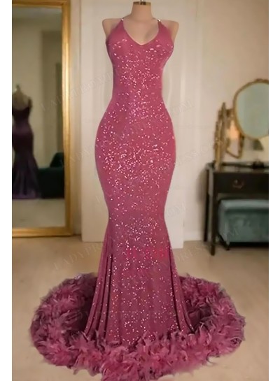 2025 Mermaid Hot Pink Sequence With Feathers Halter Backless Prom Dresses