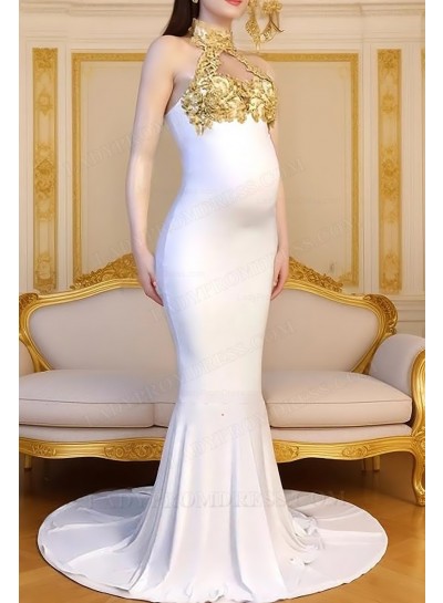 2025 Mermaid White Gold Appliques High Neck Prom Dresses