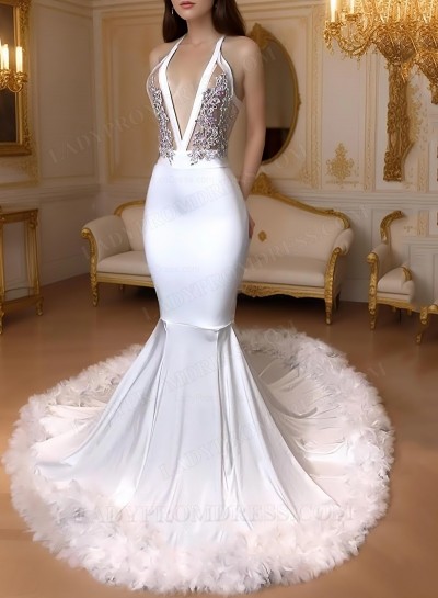 White V Neck Mermaid Backless Halter Long Prom Dresses With Feathers 2025
