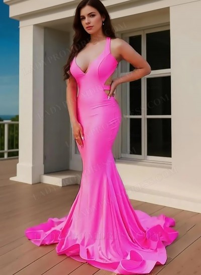 2025 Trumpet/Mermaid Silk Like Satin V-neck Sleeveless Sweep/Brush Train Prom Dresses