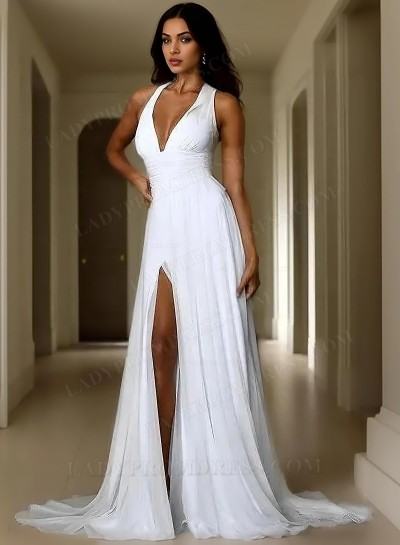 2025 A-Line Princess Chiffon Halter Ruched Sleeveless Sweep/Brush Train Prom Dresses